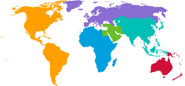 Map of the world with coloured regions